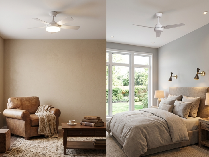 Ventoinha de teto com luz numa divisão sem fonte de luz exterior e ventoinha de teto sem luz numa divisão com fonte de luz exterior